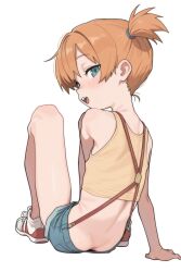 1girl :d absurdres arm_support ass asymmetrical_hair bare_arms bare_legs bare_shoulders blue_eyes blue_shorts blush breasts butt_crack crop_top denim denim_shorts female_focus from_behind highres knees_up legs looking_at_viewer looking_back midriff misty_(pokemon) navel nintendo open_mouth orange_hair pokemon pokemon_(anime) pokemon_(classic_anime) pokemon_rgby ponytail sabotenman shirt shoes short_hair short_shorts shorts side_ponytail sitting sleeveless sleeveless_shirt smile sneakers solo suspenders tank_top teeth thighs upper_teeth_only yellow_shirt yellow_tank_top