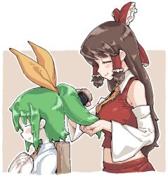 2girls blush bow breasts brown_background brown_hair brushing_another&#039;s_hair brushing_hair closed_eyes closed_mouth collared_shirt cookie_(touhou) daiyousei detached_sleeves diyusi_(cookie) frilled_bow frilled_hair_tubes frills green_hair hair_bow hair_brush hair_tubes hakurei_reimu holding holding_hair_brush long_hair man_(man-room) medium_breasts medium_hair multiple_girls necktie noel_(cookie) orange_bow orange_necktie red_bow red_shirt shirt sidelocks sleeveless sleeveless_shirt smile touhou two-tone_background upper_body white_background white_shirt white_sleeves