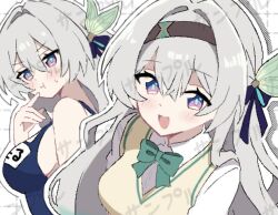 Rule 34 | blue one-piece swimsuit, blue ribbon, blush, breasts, brown hairband, brown sweater, collared shirt, firefly (honkai: star rail), green pupils, green ribbon, grey hair, hair between eyes, hair intakes, hair ornament, hair ribbon, hairband, haji 6635 ttt, hand on own chin, honkai: star rail, honkai (series), large breasts, long hair, multicolored eyes, name tag, neck ribbon, one-piece swimsuit, open mouth, pout, ribbon, school swimsuit, shirt, smile, sweater, swimsuit, white shirt