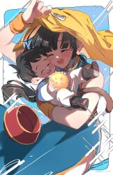 1boy 1girl ball black_hair blue_dress carrying chi-chi_(dragon_ball) child china_dress chinese_clothes closed_eyes commentary_request dragon_ball dragon_ball_(object) dragonball_z dress highres holding holding_ball holding_unworn_clothes long_hair monkey_tail mother_and_son open_mouth ponytail roku_(roku_0141) smile son_gohan tail teeth twitter_username upper_teeth_only wristband