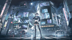 1girl black_hair black_jacket black_shirt black_skirt black_thighhighs blue_hair boots building car city closed_mouth commentary_request crop_top cropped_jacket crosswalk full_moon grey_eyes highres jacket jumbotron kamitsubaki_studio koko_(kamitsubaki_studio) long_hair long_sleeves looking_at_viewer miniskirt moon motor_vehicle multicolored_hair night night_sky outdoors pleated_skirt reflective_floor shirt skirt sky smile solo swav thighhighs traffic_light virtual_youtuber zettai_ryouiki