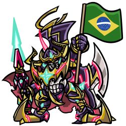 armor brazil brazilian_flag cape dark_knight darkknightmon darkknightmon_x-antibody digimon flag highres lance polearm skull spikes weapon