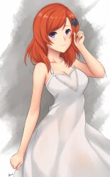 1girl arcie_albano artist_name bare_shoulders black_flower breasts cleavage collarbone dress flower grey_background hair_flower hair_ornament highres light_blush light_smile looking_at_viewer love_live! love_live!_school_idol_project medium_breasts medium_hair nishikino_maki purple_eyes red_hair see-through_clothes see-through_dress self-upload signature smile solo white_dress