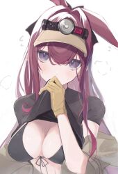 Rule 34 | 1girl, absurdres, animal ears, arknights, bikini, bikini under clothes, black bikini, black ribbon, black shirt, blush, breasts, bug, cleavage, clothes lift, commentary request, covering own mouth, fly, front-tie bikini top, front-tie top, gloves, hair intakes, headlamp, highres, insect, large breasts, lifting own clothes, looking at viewer, matchadzuke, purple eyes, purple hair, rabbit ears, ray (arknights), ribbon, shirt, shirt lift, short sleeves, simple background, solo, sweat, swimsuit, upper body, white background, wiping with clothes, yellow gloves