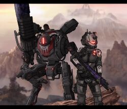 1girl absurdres assault_rifle assault_visor black_jacket commentary english_commentary facing_to_the_side gloves glowing grey_gloves grey_pants gun helmet highres holding holding_gun holding_weapon jacket letterboxed mecha menacecide mountain northstar_(titanfall) pants pilot_(titanfall_2) pulse_blade_pilot_(titanfall_2) r-201_soar rifle robot science_fiction solo titan_(titanfall) titanfall_(series) titanfall_2 trigger_discipline union_jack weapon