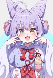 1girl absurdres ahoge blue_bow blue_eyes bow bowtie braid collared_shirt commentary_request fang hair_bow hair_horns hair_ornament hair_rings hakama hakama_skirt heterochromia highres japanese_clothes kimono korean_commentary long_hair long_sleeves looking_at_viewer mannack mismatched_pupils multicolored_hair open_mouth pink_pupils pom_pom_(clothes) pom_pom_hair_ornament purple_hair purple_shirt red_bow red_bowtie red_hakama shirt skirt smile solo stellive tenko_shibuki twin_braids two-tone_hair upper_body v-shaped_eyebrows virtual_youtuber white_hair white_kimono wide_sleeves yellow_eyes yellow_pupils