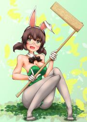 1girl absurdres animal_ear_hairband animal_ears black_bow black_bowtie bow bowtie breasts brown_eyes cleavage collar detached_collar fake_animal_ears girls_und_panzer gloves grass green_leotard hairband highres holding_tool leotard medium_breasts on_floor open_mouth ou_taiga pantyhose playboy_bunny rabbit_ear_hairband rabbit_ears semi-rimless_eyewear shoes short_hair short_twintails signature sitting smile strapless strapless_leotard twintails unworn_shoes white_collar white_gloves white_pantyhose zetto-plus