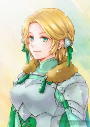 1girl armor blonde_hair ebi_puri_(ebi-ebi) fire_emblem fire_emblem:_three_houses fur_trim green_eyes green_shirt hair_ribbon ingrid_brandl_galatea ingrid_brandl_galatea_(timeskip) nintendo parted_hair ribbon shirt solo