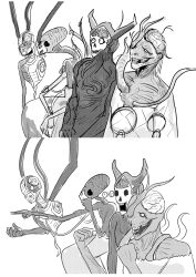 Rule 34 | 4others, absurdres, bisected, commentary request, cyborg, elder (project moon), gaijin 4koma (meme), greyscale, harasi, highres, horns, limbus company, meme, monochrome, multiple others, project moon, severed arm, severed limb, simple background, spoilers, tagme, tree, white background