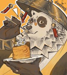 ! 1boy animal_ears artist_name bara bell black_fur bracelet cake chinese_clothes claws closed_mouth commentary english_commentary food fork furry furry_male grizzeek highres holding holding_fork holding_plate jewelry jingle_bell looking_at_viewer male_focus multicolored_fur pan_yinhu panda_boy panda_ears plate plump round_eyewear shirt spiked_bracelet spikes white_fur wok yellow_background yellow_shirt zenless_zone_zero