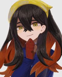 1girl black_hair blue_jacket carmine_(pokemon) closed_mouth colored_inner_hair crossed_bangs game_freak gloves hair_between_eyes hairband han0579 highres jacket long_hair long_sleeves looking_at_viewer mole mole_under_eye multicolored_hair nintendo partially_fingerless_gloves pokemon pokemon_sv red_gloves red_hair smile solo two-tone_hair upper_body white_background yellow_eyes yellow_hairband