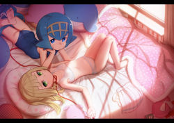 2girls absurdres ass bare_legs bare_shoulders barefoot bed bed_sheet blonde_hair blue_eyes blue_hair blue_one-piece_swimsuit blunt_bangs blush bra breasts closed_mouth collarbone commentary curtains feet from_above green_eyes hairband has_bad_revision has_downscaled_revision head_rest highres huge_filesize indoors lana_(pokemon) letterboxed lillie_(pokemon) long_hair looking_at_viewer lying md5_mismatch multiple_girls navel nintendo on_back on_bed on_stomach one-piece_swimsuit panties pillow pokemon pokemon_sm resolution_mismatch school_swimsuit shamonabe short_hair small_breasts smile soles source_smaller string string_of_fate swimsuit toes underwear underwear_only white_bra white_panties window yellow_hairband