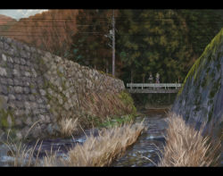 2girls absurdres autumn bad_id bad_pixiv_id bag blonde_hair bridge brown_hair cloud dress grass handbag hat highres hill letterboxed map maribel_hearn multiple_girls nature power_lines road sasaj scarf scenery sky stream touhou tree usami_renko utility_pole water