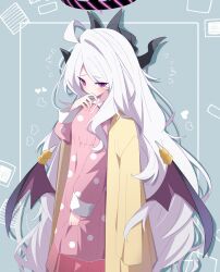 1girl ahoge black_halo blue_archive breasts commentary_request demon_girl demon_horns demon_wings halo highres hina_(blue_archive) hina_(pajamas)_(blue_archive) horns jacket long_hair pajamas pink_pajamas polka_dot polka_dot_pajamas purple_eyes sasanoha_(sasanoha0712) small_breasts solo standing white_hair wings yellow_jacket