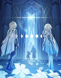 1boy 1girl aether_(genshin_impact) bare_shoulders blonde_hair boots braid braided_ponytail brother_and_sister cape caribert_(genshin_impact) dress flower from_behind full_body genshin_impact gloves highres hilichurl_(genshin_impact) kukatsuma long_hair lumine_(genshin_impact) pants short_hair siblings thigh_boots twins twitter_username vambraces white_cape white_dress white_flower