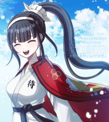 1girl belt black_belt black_hair blue_sky cloak closed_eyes cloud cloudy_sky collarbone eyelashes female_focus japanese_clothes jewelry long_hair magadori_kyoshika mikao_(eanv5385) necklace open_mouth pearl_necklace ponytail red_cloak sky solo solo_focus teeth the_hundred_line_-last_defense_academy- tongue upper_body upper_teeth_only