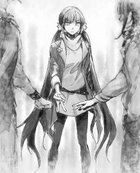 Rule 34 | 1girl, 2boys, alternate costume, belt, black hair, blunt bangs, checkered clothes, checkered scarf, clenched hand, commentary request, danganronpa (series), danganronpa v3: killing harmony, dress, facial hair, flipped hair, goatee, greyscale, hair ornament, hair scrunchie, harukawa maki, jacket, jacket partially removed, kizunanoyami, long hair, long sleeves, looking down, low twintails, mole, mole under eye, momota kaito, monochrome, multiple boys, oma kokichi, open clothes, open mouth, pantyhose, partial commentary, rock paper scissors, scarf, scrunchie, shirt, short hair, simple background, sketch, smile, solo focus, standing, twintails, two-tone scarf, v
