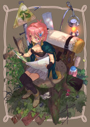 1girl backpack bag bird black_gloves black_thighhighs boots bottle breasts cleavage dress gloves green_jacket grey_dress hair_ornament highres holding holding_map jacket lamp map map_(object) mush okuribi original pink_eyes pink_hair plant road_sign sign sitting thighhighs tree_stump virtual_youtuber
