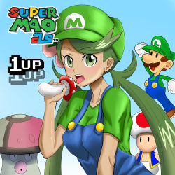 1girl 1up 2boys alternate_costume amoonguss arm_up artist_name bad_id bad_pixiv_id black_eyes blank_eyes blue_background blue_overalls blue_vest blush breasts brown_footwear brown_hair character_name clenched_hands closed_mouth collarbone crossover dark_skin english_text facial_hair gen_5_pokemon gloves gradient_background green_eyes green_hair green_hat green_shirt hand_up hat highres holding large_breasts long_hair long_sleeves looking_at_viewer luigi mallow_(pokemon) mario_(series) matching_hair/eyes multiple_boys mushroom mustache nintendo open_mouth overalls parody pokemon pokemon_(creature) pokemon_sm sexually_suggestive shiny_skin shirt shoes short_hair short_sleeves shougun_(chuckni1) signature simple_background solo_focus swept_bangs teeth title_parody toad_(mario) tongue tongue_out trial_captain twintails upper_body vest white_gloves