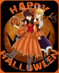 Rule 34 | 2girls, ascot, bat (animal), blonde hair, bow, braid, brown hair, candy, detached sleeves, dress, female focus, food, gloves, hair bow, hair tubes, hakurei reimu, halloween, happy halloween, highres, jack-o&#039;-lantern, japanese clothes, kirisame marisa, long hair, miko, moon, multiple girls, namuro, open mouth, orange dress, pumpkin, red eyes, skirt, smile, touhou, wings, yellow eyes, yukkuri shiteitte ne