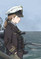 1girl arm_at_side battleship binoculars black_hat black_jacket black_necktie blue_shirt boat brown_hair brown_pants closed_mouth collared_shirt commentary cowboy_shot day from_side german_commentary green_eyes grey_pants gun hair_behind_ear hand_in_pocket hat hat_ornament highres insignia jacket kriegsmarine lapels long_hair long_sleeves looking_afar looking_to_the_side machine_gun mg_g military military_hat military_jacket military_uniform military_vehicle naval_uniform naval_working_uniform navy necktie nose ocean on_boat on_vehicle original outdoors pants patch peaked_cap pink_lips pocket ponytail profile reichsadler shadow ship shirt solo star_(symbol) strap two-tone_hat two-tone_headwear warship water watercraft weapon white_hat world_war_ii