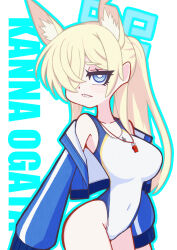 Rule 34 | 1girl, absurdres, animal ears, ass, blonde hair, blue archive, blue eyes, blue halo, breasts, clenched teeth, competition swimsuit, daichi (daiti1318), dog ears, extra ears, hair over one eye, halo, highres, kanna (blue archive), kanna (swimsuit) (blue archive), large breasts, long hair, notched ear, official alternate costume, one-piece swimsuit, sharp teeth, solo, swimsuit, teeth, whistle, whistle around neck, white one-piece swimsuit