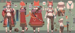 1girl :d absurdres animal animal_ears animal_on_shoulder anklet arrow_(projectile) ass asymmetrical_clothes ayaoshiro back bandeau bare_shoulders bead_anklet bead_bracelet bead_necklace beads bikini bow_(weapon) bracelet breasts brown_bandeau brown_pants cat_tail reference_sheet choker cleavage clothes_on_and_off coat diamond-shaped_pupils diamond_(shape) fang full_body green_bikini green_choker green_eyes hair_bobbles hair_ornament hand_on_own_hip highleg highleg_bikini highres incredibly_absurdres jewelry large_breasts leaf leaf_bikini leaf_on_head looking_at_viewer mozumi_pichi mozumi_pichi_(1st_costume) multiple_views navel necklace off_shoulder open_mouth orange_hair pants pink_nails plant quiver red_coat red_pupils sandals short_hair shoulder_tattoo single_pantsleg slippers smile standing stomach swimsuit symbol-shaped_pupils tail tattoo torn_clothes torn_pants tribal turnaround underboob v-dere virtual_youtuber weapon wolf_cut wolf_ears zouri