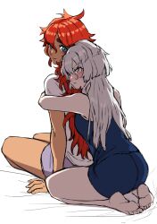 2girls absurdres back bare_shoulders barefoot blue_eyes blue_shorts blue_tank_top blush breasts closed_mouth commentary_request dark-skinned_female dark_skin donki_(dnkfuaka1) from_behind grey_eyes grey_hair gundam gundam_suisei_no_majo hair_between_eyes highres hug hug_from_behind long_hair looking_at_another looking_back medium_breasts miorine_rembran multiple_girls on_bed purple_shorts red_hair seiza shirt short_sleeves shorts simple_background sitting smile suletta_mercury t-shirt tank_top v-shaped_eyebrows white_background white_shirt yuri