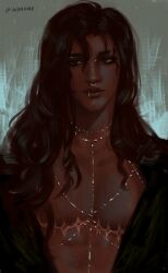 Rule 34 | 1boy, absurdres, bridge piercing, brown eyes, brown hair, dark-skinned male, dark skin, eyebrow piercing, face piercing, highres, jewelry, lip piercing, lips, long hair, looking to the side, male focus, mastectomy scar, necklace, nigelgraz, nose, nose piercing, open clothes, original, pectorals, piercing, scar, scar on chest, solo, upper body, very dark skin, wavy hair