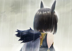 1girl air_groove_(umamusume) animal_ears black_hair clothing_cutout cloud cloudy_sky commentary_request dated from_behind horse_ears horse_girl outdoors rain shirt short_hair shoulder_cutout single_bare_shoulder sky solo takuzui twitter_username umamusume upper_body