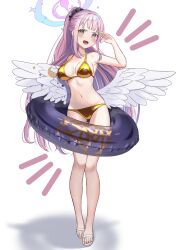 1girl absurdres alternate_costume alternate_hairstyle bikini blue_archive blue_innertube blush breasts commentary_request feathered_wings full_body gold_bikini golden_week golden_week_bikini halo hand_up high_ponytail highres long_hair looking_at_viewer low_wings medium_breasts mika_(blue_archive) navel open_mouth pink_hair pink_halo ponytail sandals shadow sideboob sidelocks solo standing stomach swimsuit toenails very_long_hair wanderlucia white_background white_wings wings yellow_eyes