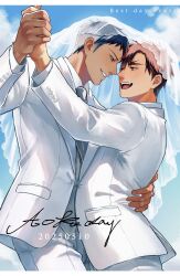 2boys aomine_daiki arm_up blue_eyes blue_hair bridal_veil collared_shirt commentary_request cropped_legs dark-skinned_male dark_skin dated english_text eye_contact forked_eyebrows formal_clothes grey_necktie hand_on_another&#039;s_back highres holding holding_hands jacket kagami_taiga kuroko_no_basuke lapels layered_sleeves long_sleeves looking_at_another male_focus multiple_boys necktie open_mouth pants red_eyes red_hair satolx shirt smile suit suit_jacket teeth tongue upper_teeth_only veil wedding white_pants white_shirt white_suit wing_collar yaoi