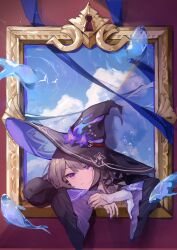 1girl absurdres arm_rest black_hat blue_sky border brown_hair closed_mouth commentary_request expressionless fish flower hair_ornament hat hat_flower head_rest herta_(honkai:_star_rail) highres honkai:_star_rail honkai_(series) long_hair long_sleeves looking_at_viewer nail_polish official_alternate_design own_hands_together picture_frame purple_eyes purple_flower purple_nails rainbow_(pixiv_66183854) ripples sky solo the_herta_(honkai:_star_rail) through_medium through_painting wide_sleeves witch_hat x_hair_ornament