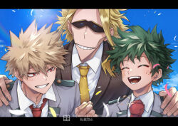 3boys ^_^ bakugou_katsuki black_jacket black_sclera blazer blonde_hair blue_sky boku_no_hero_academia clenched_hand closed_eyes cloud collared_shirt colored_sclera commentary_request day facial_scar freckles green_hair grey_jacket grin hair_between_eyes hand_on_another&#039;s_shoulder hand_up happy ho_(dotto615) jacket lapels letterboxed looking_at_another male_focus midoriya_izuku multiple_boys necktie open_mouth outdoors red_eyes red_necktie scar scar_on_cheek scar_on_face scar_on_hand school_uniform shirt short_hair sky smile spiked_hair sunlight teeth u.a._school_uniform upper_body watermark white_shirt wing_collar yagi_toshinori yellow_necktie