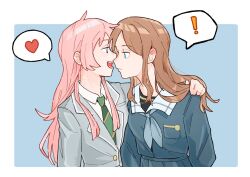 ! 2girls bang_dream! bang_dream!_it&#039;s_mygo!!!!! bite_mark bite_mark_on_neck blue_background blue_shirt blush border brown_hair chihaya_anon chinese_commentary closed_mouth collared_shirt commentary_request ear_blush fang green_necktie grey_eyes grey_jacket grey_neckerchief hand_on_another&#039;s_shoulder haneoka_school_uniform heart highres jacket long_hair multiple_girls nagasaki_soyo neckerchief necktie open_mouth pink_hair sailor_collar school_uniform scratches shirt simple_background smile spoken_exclamation_mark spoken_heart tsukinomori_school_uniform underlion2567 white_border white_sailor_collar white_shirt yuri