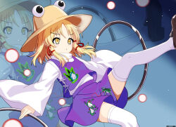 1girl animal_print blonde_hair brown_hat commentary danmaku dated frog_print hair_ribbon hat long_hair long_sleeves mist9801km moriya&#039;s_iron_rings moriya_suwako purple_skirt purple_vest red_ribbon ribbon shoes skirt skirt_set solo thighhighs touhou tress_ribbon vest white_thighhighs wide_sleeves yellow_eyes zoom_layer