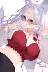 Rule 34 | 1girl, animal ear fluff, animal ears, black skirt, bra, breasts, cardigan, cropped cardigan, diieru, extra ears, facial mark, fox ears, fox girl, fox tail, frilled bra, frills, gradient hair, green eyes, highres, indie virtual youtuber, jewelry, large breasts, long hair, looking at viewer, midriff, multicolored hair, necklace, open cardigan, open clothes, parted bangs, red bra, red nails, round eyewear, short eyebrows, simple background, skirt, solo, tail, tinted eyewear, tongue, tongue out, underwear, upper body, very long hair, white background, white cardigan, white hair