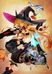 1girl artist_request broom disgaea groin hat navel rozalin sharp_teeth smile tagme teeth witch_hat