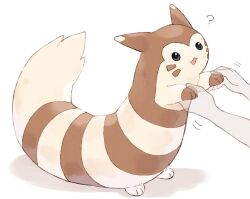1other :3 ? animal black_eyes commentary_request furret gen_2_pokemon harunpi holding_hands nintendo open_mouth out_of_frame pokemon pokemon_(creature) pokemon_focus rearing simple_background standing striped_fur tail thick_tail white_background