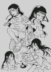... 1boy bandaged_arm bandages black_hair dirty dirty_face facial_mark forehead_mark full_body furrowed_brow grey_background greyscale hand_on_another&#039;s_chin headband highres holding_another&#039;s_wrist hyuuga_neji long_hair male_focus monochrome multiple_views naruto_(series) open_mouth parted_bangs sketch smile solo_focus spoken_ellipsis upper_body wide_sleeves xue_ezi