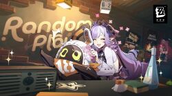 1girl 1other bandana bandana_around_neck bangboo_(zenless_zone_zero) bangboo_18_(zenless_zone_zero) blush closed_eyes commentary english_commentary english_text highres labor_day official_art open_mouth orange_bandana purple_hair smile vivian_(zenless_zone_zero) zenless_zone_zero
