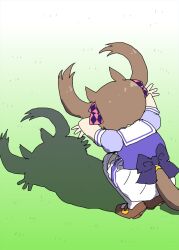 1girl animal_ears ashitaba_tomorou back_bow bow brown_hair brown_shoes cat_shadow_puppet_(meme) double_w from_behind hair_bow horse_ears horse_girl horse_tail loafers long_hair meme pleated_skirt puffy_short_sleeves puffy_sleeves purple_bow purple_shirt sailor_collar sailor_shirt school_uniform shadow shadow_puppet shirt shoes short_sleeves skirt smart_falcon_(umamusume) solo squatting tail tracen_school_uniform twintails umamusume w white_skirt