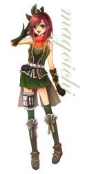ascot boots coattails cosplay english_text gloves green_eyes hairband hosokawa_gracia kneehighs miniskirt nashinomiya pouch red_hair sengoku_musou skirt sleeveless socks thigh_pouch thigh_strap vest
