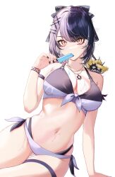 1girl absurdres arm_strap bikini black_bikini black_hair black_nails breasts cleavage cloud creature creature_on_shoulder food food_in_mouth front-tie_bikini_top front-tie_top gluteal_fold grey_bikini grey_hair higeji_(higeji404) highleg highleg_bikini highres holding holding_food holding_popsicle hololive hololive_english jewelry large_breasts looking_at_viewer multicolored_bikini multicolored_hair nail_polish navel necklace on_shoulder ponytail popsicle popsicle_in_mouth shiori_novella side-tie_bikini_bottom simple_background sitting solo split-color_hair stomach swept_bangs swimsuit thigh_strap two-tone_bikini virtual_youtuber white_background yellow_eyes yokozuwari