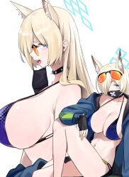 Rule 34 | 1girl, animal ears, bikini, blonde hair, blue archive, blue eyes, breasts, cleavage, collar, cosplay, delinquent, dog ears, dog girl, ear piercing, eyewear on head, hair over one eye, halo, highres, huge breasts, kanna (blue archive), large breasts, long hair, mask, mouth mask, navel, piercing, seaside sukeban (mg) (blue archive), sharp teeth, simple background, spiked collar, spikes, sunglasses, swimsuit, teeth, white background, yamabuki0