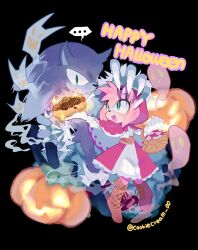 ... 1boy 1girl :d amy_rose animal_ears animal_nose black_background blue_fur brown_footwear chili_dog claws cloak cookiecream_00 dress fangs full_body furry furry_female furry_male gloves green_eyes happy_halloween hedgehog_girl highres looking_at_another open_mouth pink_fur pink_hair pumpkin red_cloak red_dress red_hood simple_background smile sonic_(series) sonic_the_hedgehog sonic_the_werehog sonic_unleashed standing sweat teeth werehog white_gloves