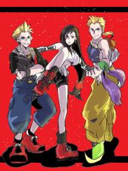1girl 2boys bare_shoulders belt black_gloves black_hair black_shirt black_skirt black_sleeves black_socks blonde_hair blue_eyes blue_shorts blue_tank_top bracer breasts clenched_hand closed_mouth collarbone crop_top cropped_jacket earrings elbow_gloves facial_hair facial_tattoo fighting_stance final_fantasy final_fantasy_vi final_fantasy_vii final_fantasy_viii fingerless_gloves floating_earrings full_body gloves green_footwear grey_belt grin hair_tie highres jacket jewelry kicking large_breasts long_hair low-tied_long_hair low_ponytail midriff miniskirt monk_(final_fantasy) motsutei multiple_boys navel open_mouth pants ponytail red_background red_eyes red_footwear red_jacket sabin_rene_figaro sash shirt short_sleeves shorts skirt sleeveless sleeveless_shirt smile socks suspenders tank_top tattoo teeth tifa_lockhart waist_sash white_shirt yellow_pants zell_dincht