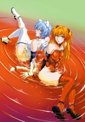 2girls absurdres alternate_costume animal_ears ayanami_rei back-to-back bare_shoulders blue_eyes blue_hair blush breasts brown_hair elbow_gloves fake_animal_ears fake_tail full_body gloves hair_between_eyes halterneck headgear highleg highleg_leotard highres leg_up leotard lips long_hair looking_at_viewer mecha_pilot_suit medium_breasts multiple_girls neon_genesis_evangelion orange_hair parted_lips partially_submerged plugsuit_(evangelion) red_eyes red_thighhighs ripples short_hair sitting souryuu_asuka_langley spykeee tail thighhighs thighs two_side_up very_long_hair white_thighhighs wide_hips