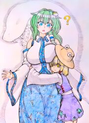 2girls ? absurdres animal_print bare_shoulders blonde_hair blue_eyes blue_skirt blush_stickers breast_press breasts brown_hat closed_mouth collared_shirt detached_sleeves dot_nose frog_hair_ornament frog_print green_hair hair_ornament hair_ribbon hair_tubes hat highres hug huge_breasts kochiya_sanae large_breasts long_hair long_sleeves looking_at_another looking_at_viewer medium_hair mishaguji moriya_suwako multiple_girls open_mouth p-man-daikaku patterned_clothing print_skirt purple_skirt purple_vest red_ribbon ribbon shirt single_hair_tube single_sidelock skirt skirt_set sleeveless sleeveless_shirt snake snake_hair_ornament touhou upper_body vest white_background white_shirt wide_sleeves wing_collar yellow_eyes