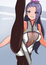 1girl bodysuit braid breasts cameltoe cleavage_cutout clothing_cutout dress female_focus flexible flower graffxero gymnastics hair_flower hair_ornament huge_breasts large_breasts leg_up long_hair lotus luong no_bra nuevaera pale_skin pantyhose see-through_clothes smile smiley_face the_king_of_fighters thick_thighs thighs